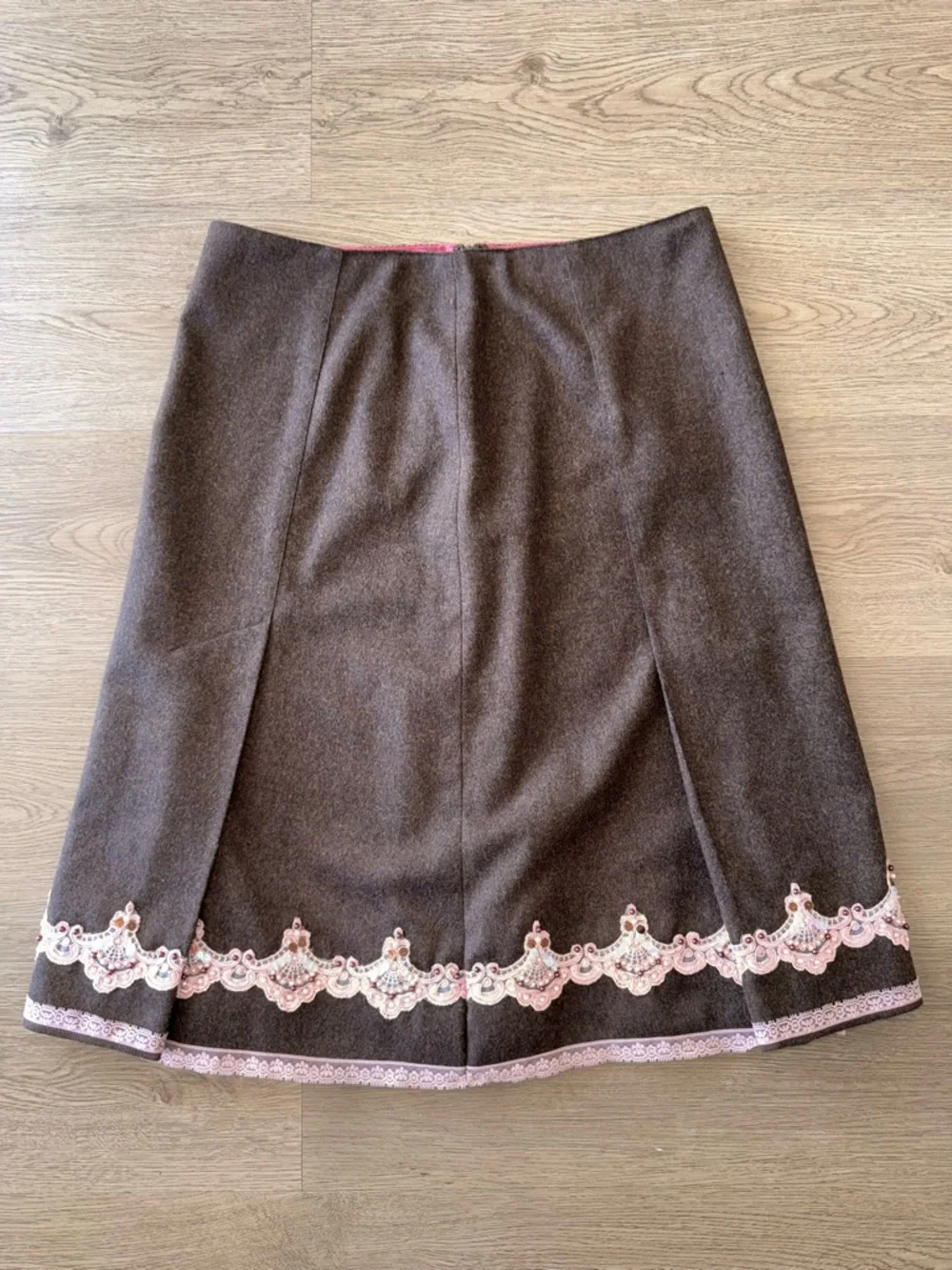 Express Brown A-Line KneeY2K Cottagecore Wool Blend Pink Sequin Lace Hem Skirt 6